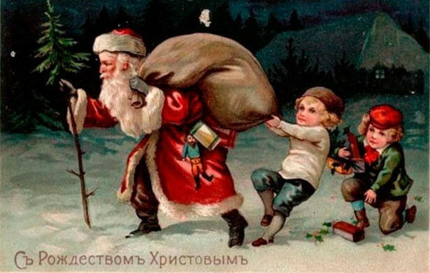 «Познакомившись» с Санта-Клаусом, фольклорный славянский Мороз перенимает некоторые его черты и становится российским рождественским Дедом Морозом.
