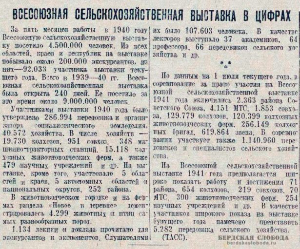 Сельскохозяйственная выставка 1940 года в цифрах. Источник: "Чкаловская коммуна", 10 октября 1940 года.