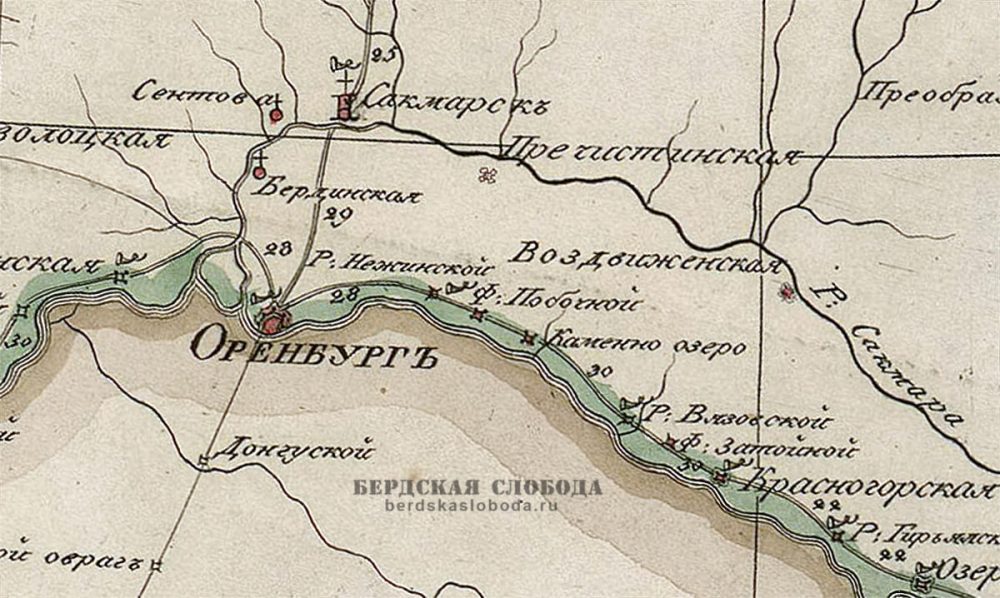 Станица Бердинская на генеральной карте части России. Издание 1799 года.