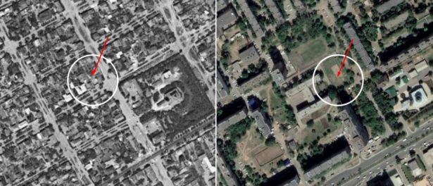 Примерное расположение детского сада на спутниковом снимке 1964 года и это же место на современном плане.