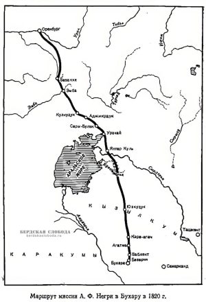 Маршрут миссии А.Ф. Негри в Бухару в 1820 году