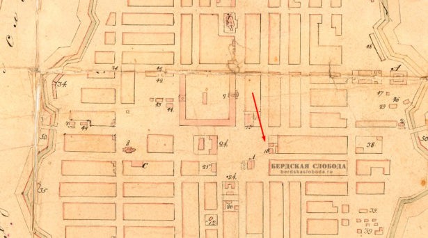 Стрелкой указано расположение почтовой конторы на плане города Оренбурга, 1828 года