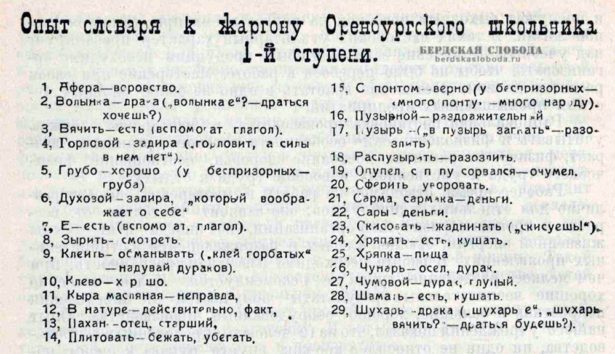 Опыт словаря к жаргону оренбургского школьника 1 ступени. 1926 год