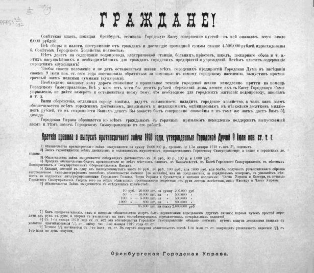 В июле 1918 года, покидая Оренбург, Советская власть, оставила городскую кассу совершенно пустой. В связи с этим Городская Управы обратилась к жителям города.