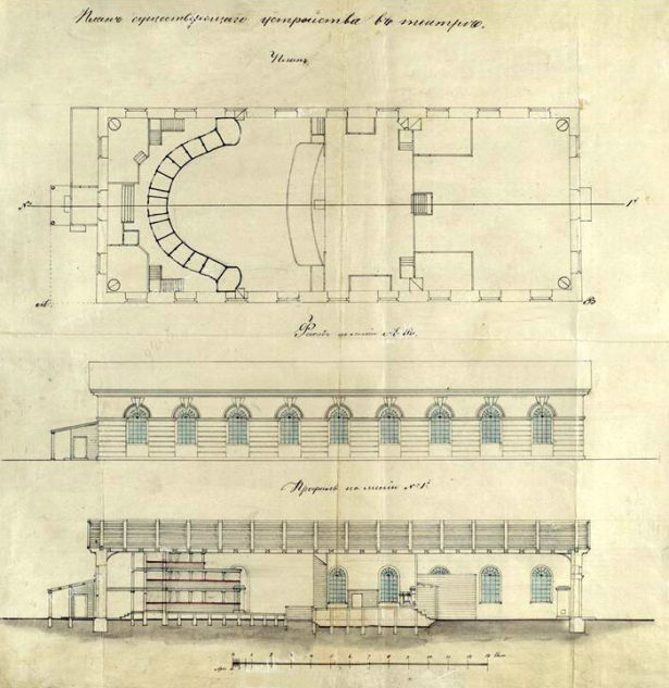 План фасада и профиля здания оренбургского театра по линии ул. Николаевской (ныне ул. Советской). 23 апреля 1864 г.