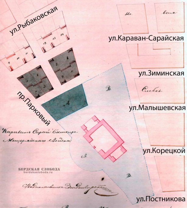 Фрагмент генерального плана г.Оренбурга 1852 г. Нанесены современные указатели названий улиц.