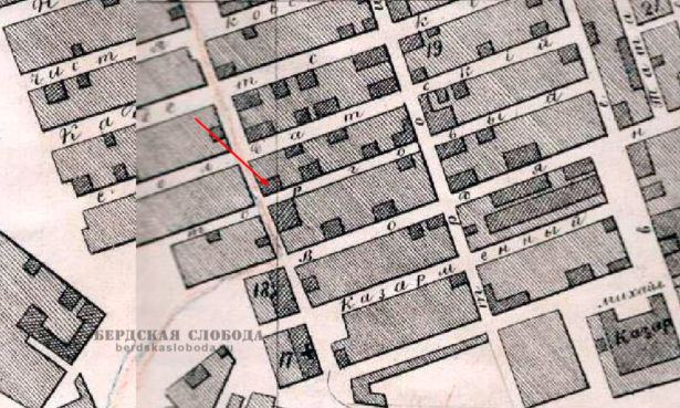 Стрелкой указано расположение особняка на плане города Оренбурга, 1885 года
