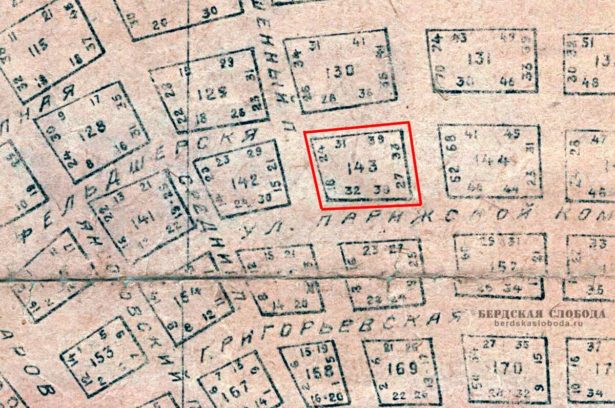 Фрагмент плана Оренбурга 1932 г. с указанием номеров домовладений 143 квартала