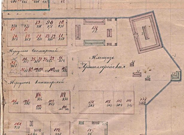Фрагмент плана оренбургской крепости 1836 года (участок с переулком Канонирским).