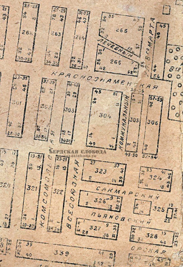 Фрагмент плана г. Оренбурга 1932 г. Канонирский (Шевченков) переулок обозначен как переулок Пьяновский.