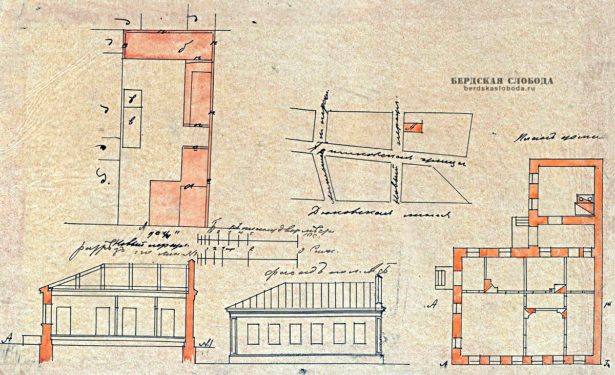 Фрагмент чертежа дворового места А.И. Лукьяновой от 24 сентября 1888 года. Внешний вид фасада планируемого к восстановлению после пожара одноэтажного каменного дома.