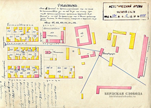 План 7 участка города Оренбурга. 1870-е годы. В 137 квартале можно увидеть домовладение 369 - на нем розовым цветом окрашен контур здания - это и есть Первый еврейский молитвенный дом города Оренбурга.