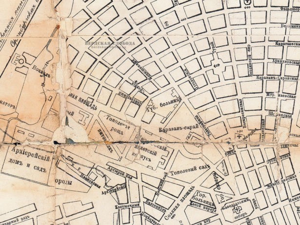 Фрагмент плана Оренбурга 1904 года, на котором обозначено местоположение Тополевой рощи и Питомника.