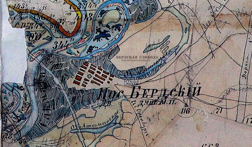 Бердский поселок на фрагменте плана смежных земель Оренбургской губернии и уезда