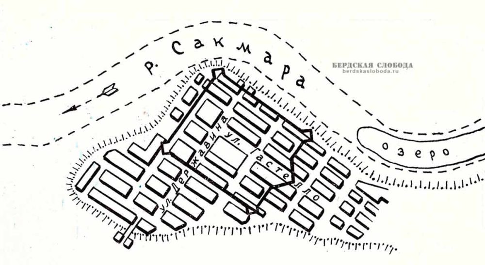 Рис. 3. Примерное расположение Бёрдской Подгородней крепости (Бёрдской слободы) на плане современного поселка Бёрды