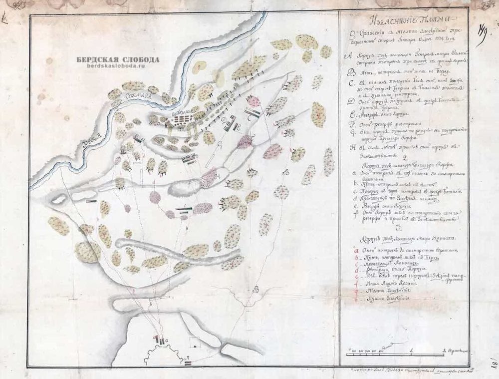 Рис. 4. План сражения под Оренбургом 13 января 1774 года (ЦГАДА, Госархив, разряд VI, д. 404, лл. 148 об.-149)