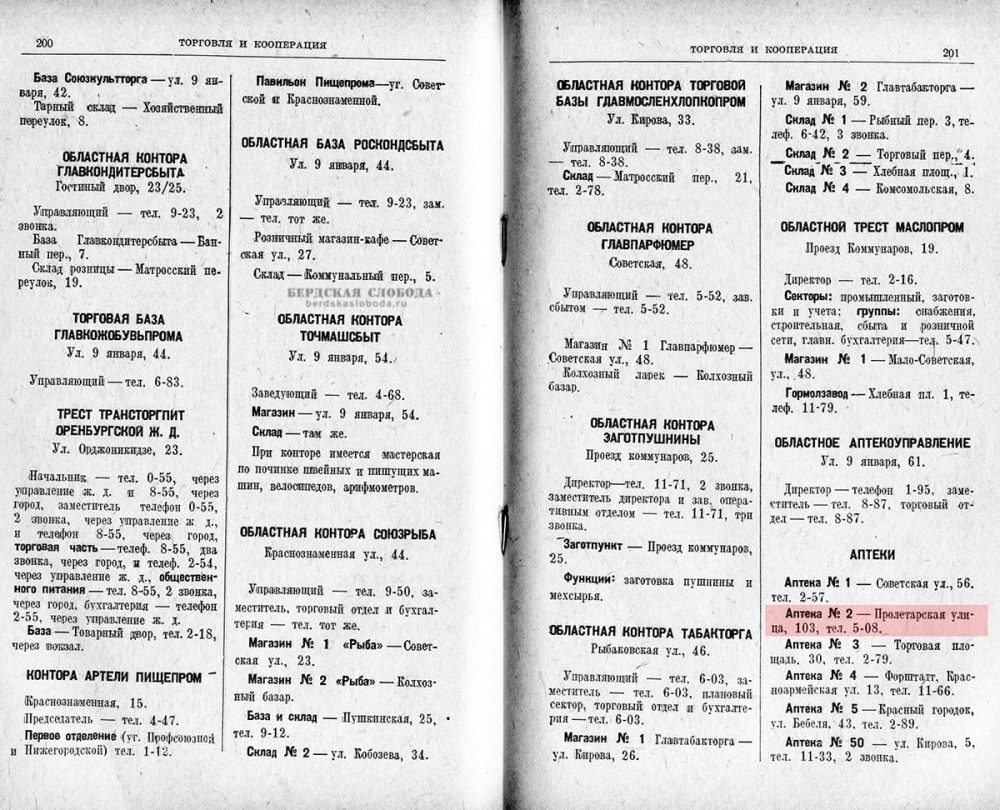 Разворот из Справочника по городу Оренбургу на 1937 год. Список аптек.