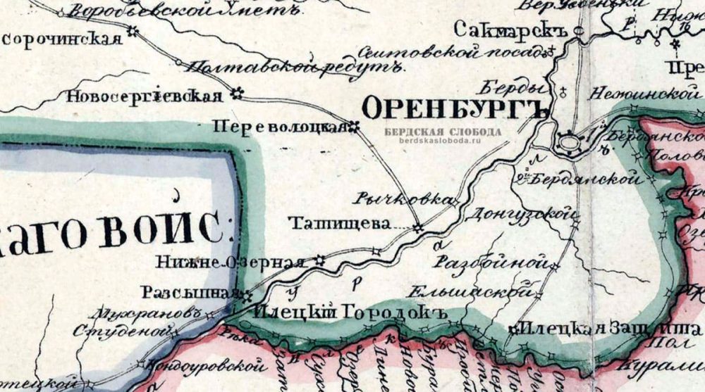 Фрагмент карты Оренбургской губернии 1831 года с указанием станицы Татищева на Старо-Самарском тракте. Канун приезда А.С. Пушкина в Оренбургский край - поэт проедет через мост у Татищево 18 сентября 1833 года.