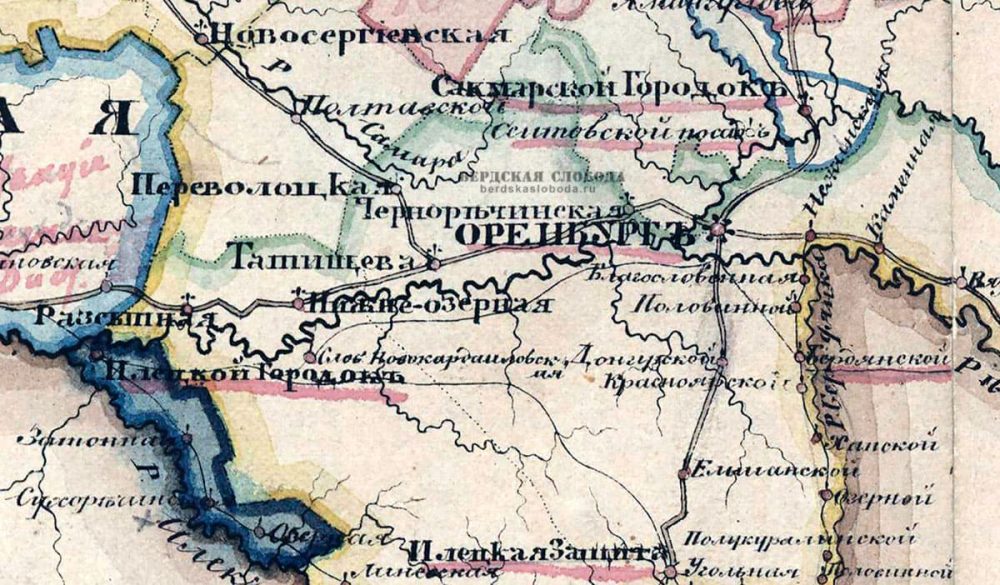 Фрагмент карты Оренбургской губернии 1850 года с указанием станицы Татищева на Старо-Самарском тракте. 