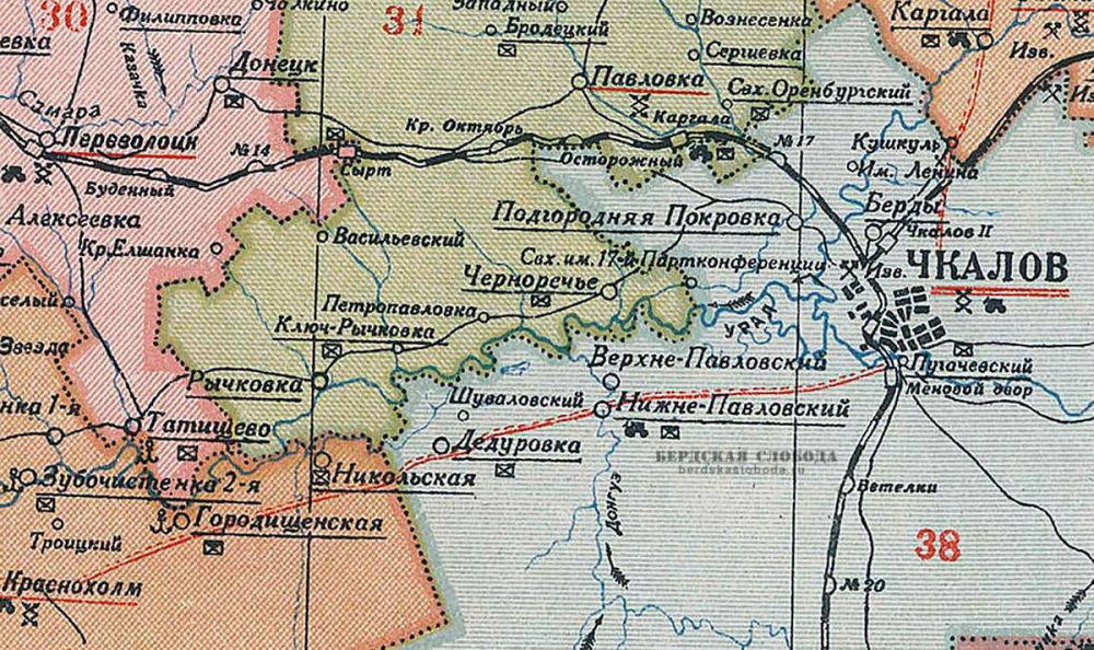 Фрагмент административной карты Чкаловской области. 1939 год. Старо-Самарский тракт еще функционирует.