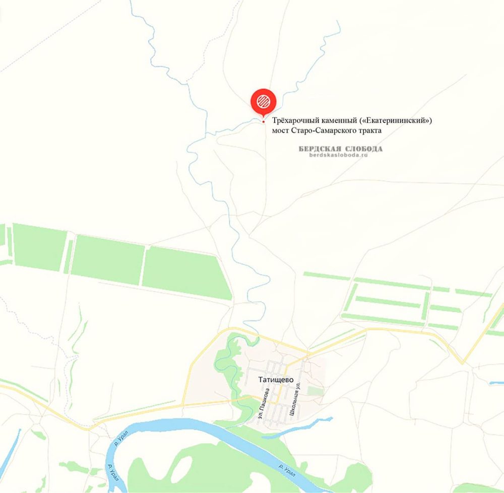 Местоположение моста относительно села Татищево Переволоцкого района Оренбургской области на Яндекс.Картах.
