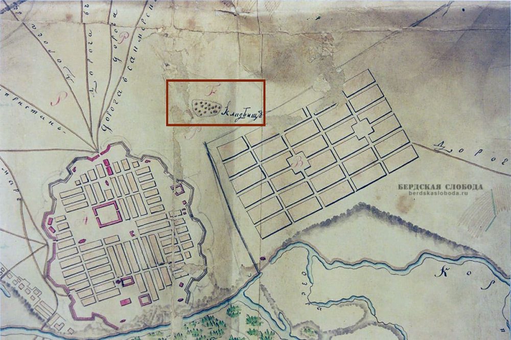 Фрагмент Геометрического плана выгонной земли г. Оренбурга 1788 года с обозначением местоположения кладбища.