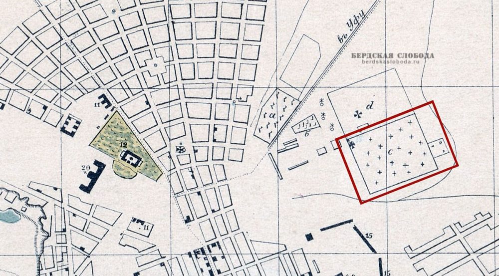 Фрагмент Плана города Оренбурга 1869 года с обозначением местоположения кладбища.