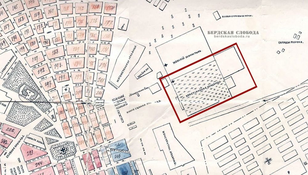 Фрагмент Плана г. Оренбурга, составленного в 1902 году городским землемером Г.М. Бенаевым, с обозначением местоположения кладбища.