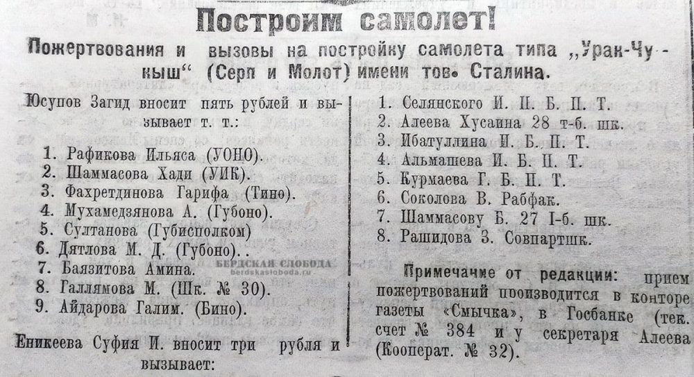 Все пожертвования можно было внести на счет №384 в Госбанке, в редакцию газеты «Смычка» или т. Алееву в Кооперативе №32. Газета "Смычка", 1927 г.