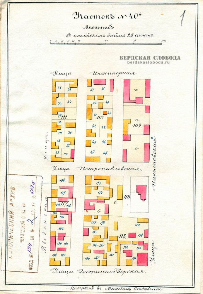 План 109, 110, 111, 117, 118, 119 кварталов 40-го участка города Оренбурга. 1870-е годы [ОГАОО, ф. 124, оп. 2, д. 6136.].