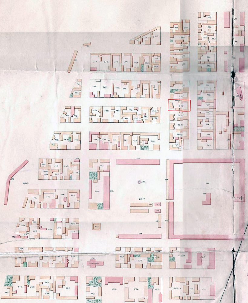 Фрагмент генерального плана города Оренбурга 1853-1854 годов, составленного поручиком Логвиновым [ОГАОО, ф. 124, оп. 2, д. 6066.].