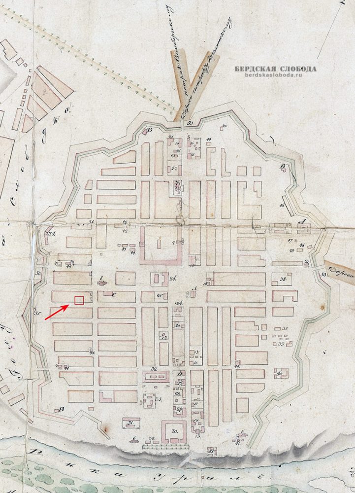 Фрагмент плана Оренбурга 1828 года, составленного землемером Кербедевым [ОГАОО, ф. 124, оп. 2, д. 6062.]