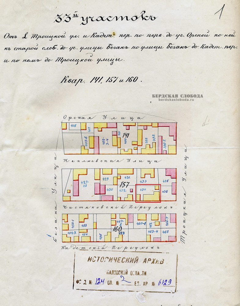 План 141, 157, 160 кварталов 33-го участка города Оренбурга. 1870-е годы [ОГАОО, ф. 124, оп. 2, д. 6129.].