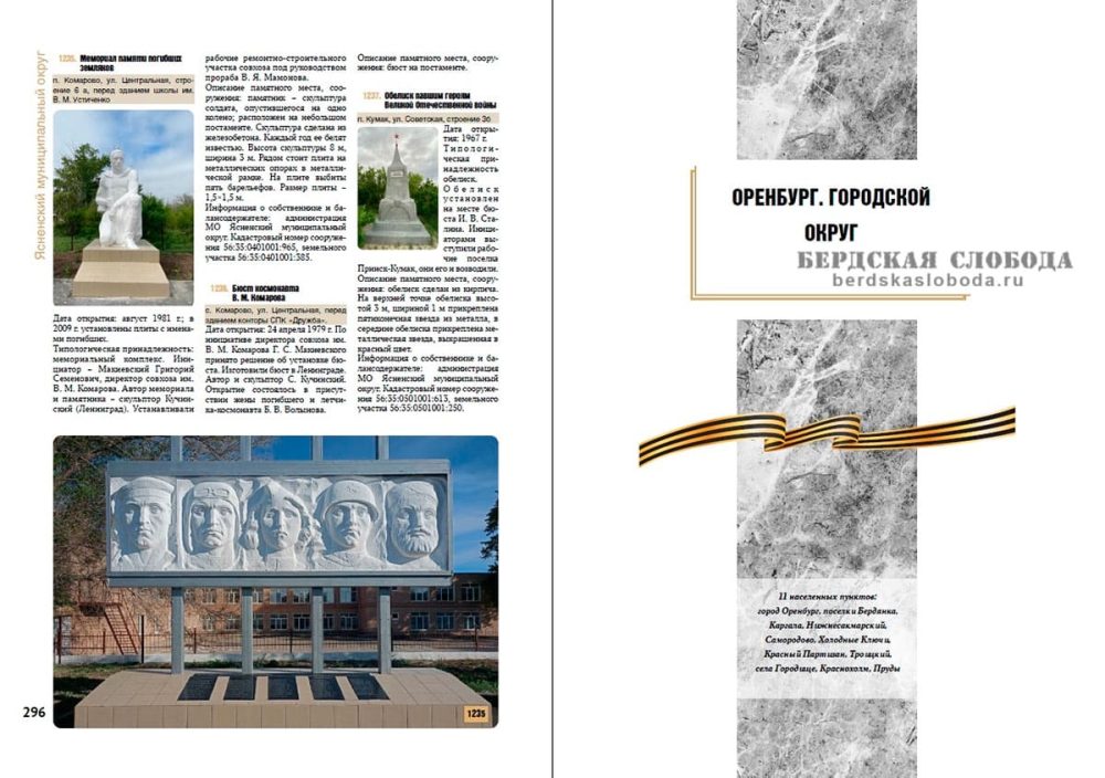 Фонд сетевой библиотеки «Бердская слобода» пополнился электронной книгой-справочником «Ради жизни на земле!» — каталогом военных мемориалов Оренбуржья, посвященных героям разных эпох.