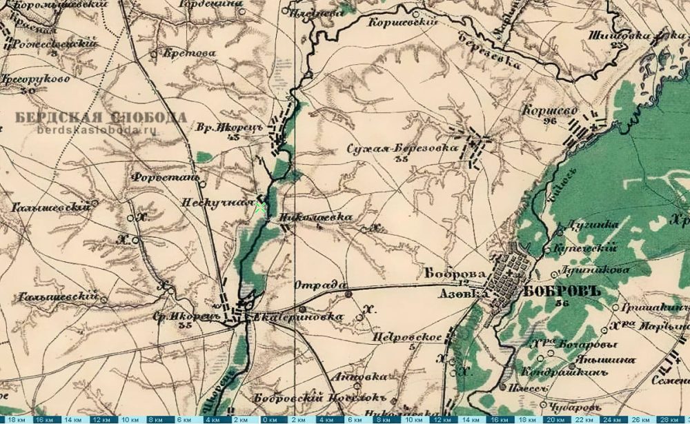 Село Нескучное Бобровского уезда Воронежской губернии. Карта 1871 г.
