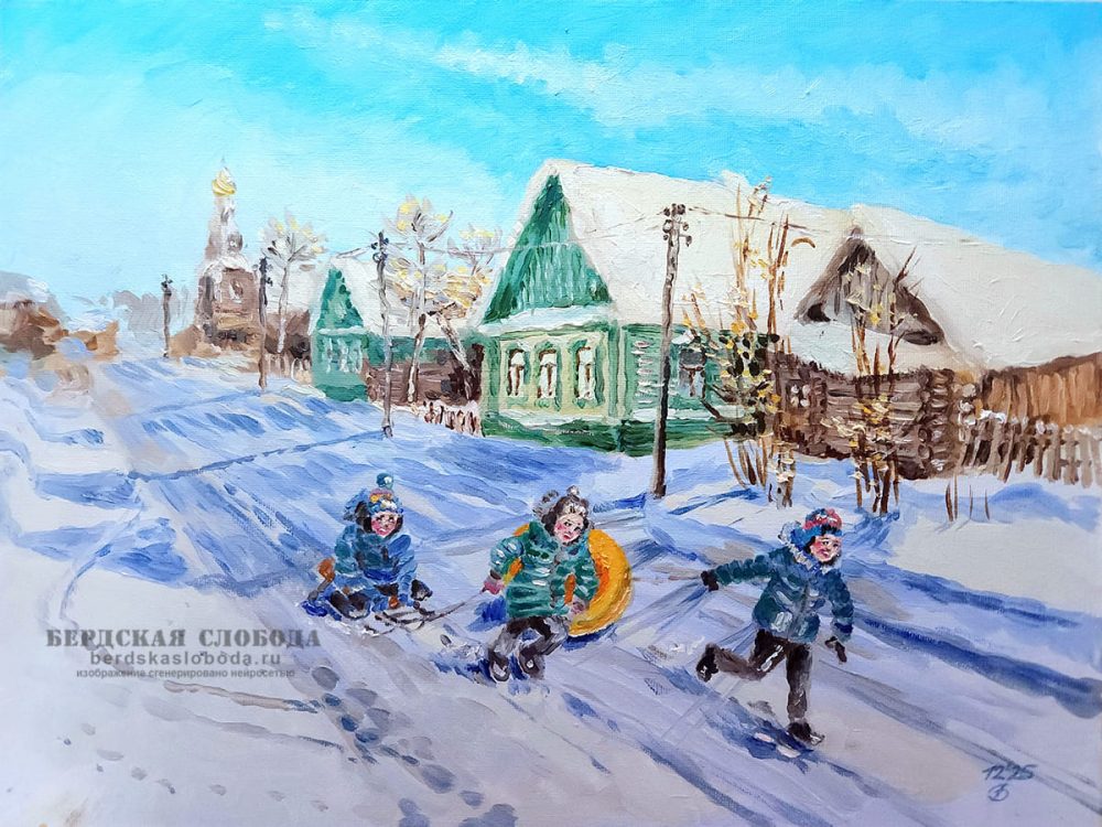 Зимние этюды Светланы Батюшкиной о Бердах: старые домики, резные наличники, храм и местные жители старого оренбургского района.