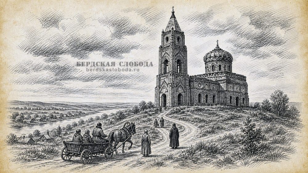 Историческая реконструкция церкви Святителя Николая Чудотворца в селе Васильевка. Карандашный рисунок каменного храма помещиков Бондаревских в стиле XIX века