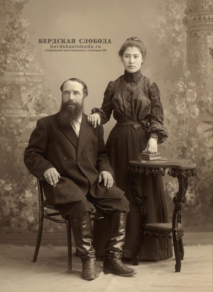 Петров Дмитрий Алексеевич с дочерью Анастасией. Фото начала XX века из архива Анастасии Годовой. Изображение восстановлено с помощью ИИ.