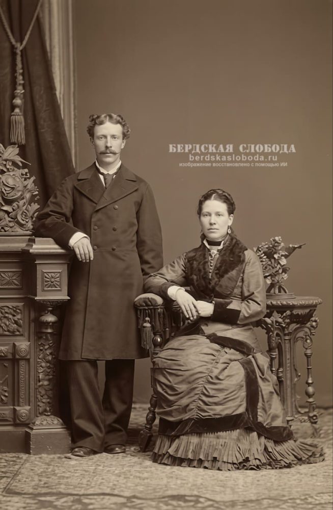 Супруги Петровы: Дмитрий Алексеевич и Евдокия Ивановна. Фото от 20 марта 1894 года из архива Анастасии Годовой. Изображение восстановлено с помощью ИИ.