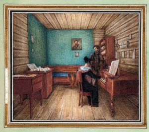 Н.А. Бестужев. «Камера Волконских в тюрьме Петровского Завода. Вид от двери», 1830 г.